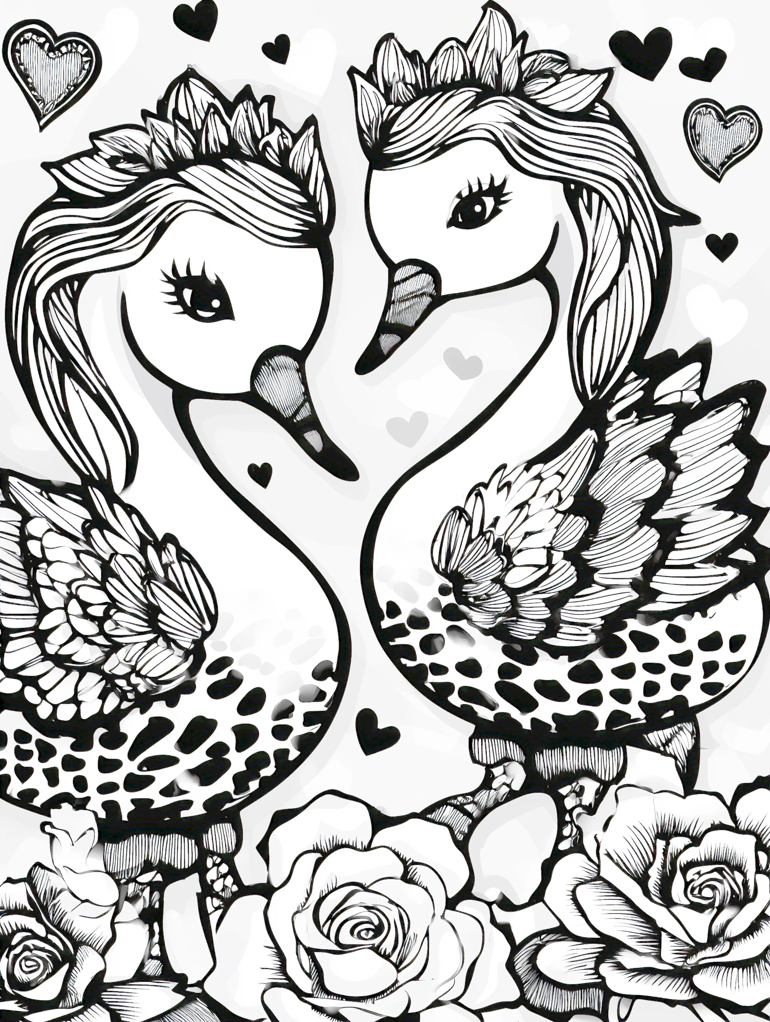 Free printable valentines coloring pages for adults featuring two romantic swans